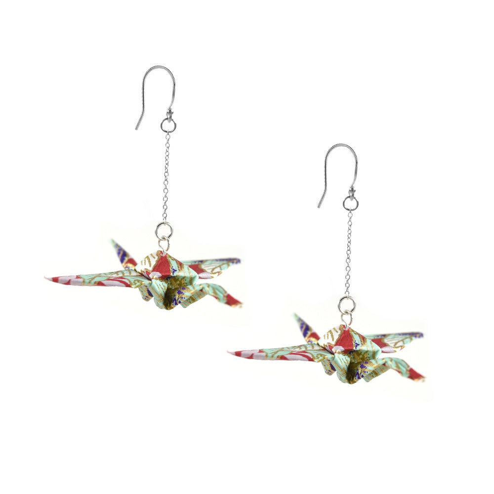 Silver crane earrings with magenta ant teal colored origami paper